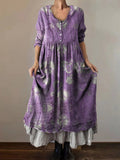 Women's Hippie Pattern Art Print V-Neck Button Pocket Cotton Dress