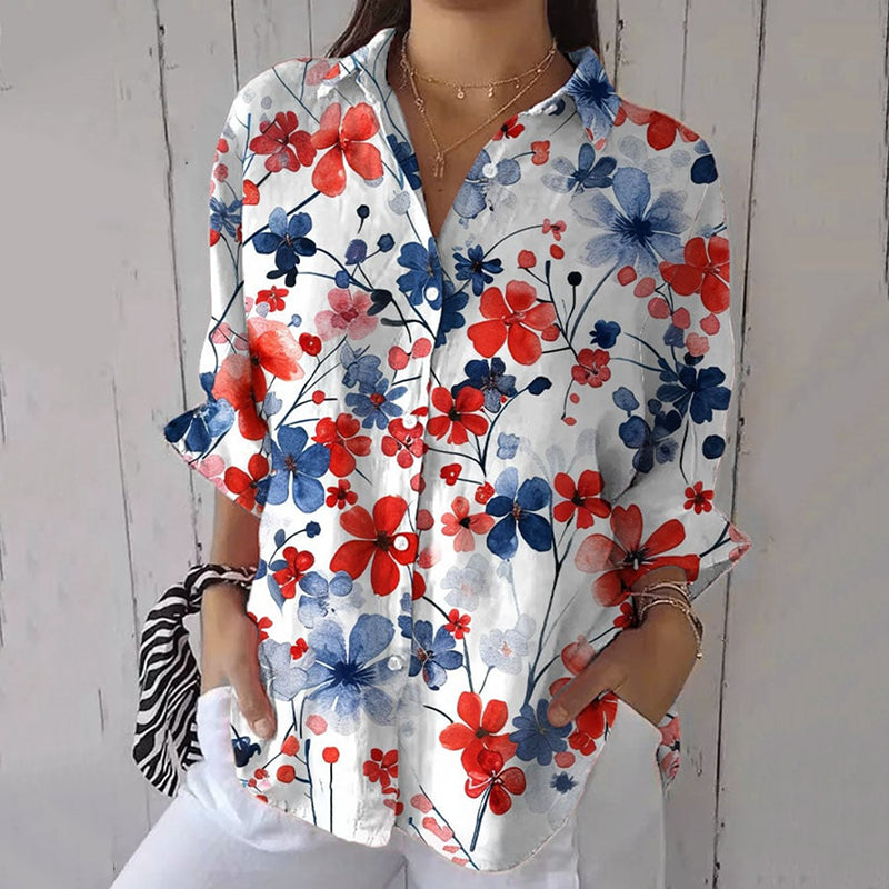 Women's Retro Independence Day Floral Art Print Casual Shirt artswardrobe