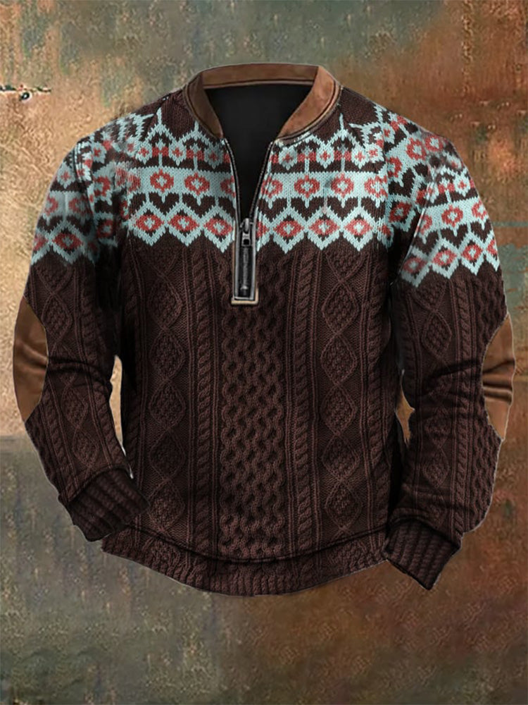 Men's Vintage Knit Print Zip-Up Sweatshirt elevenforest