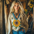 Ukraine Sunflower Embroidery Blend Linen V Neck Loose Blouse artswardrobe