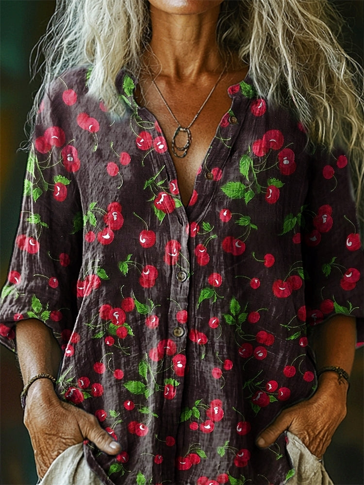 Women's Cherry Pattern Art Print Casual Cotton Linen Shirt