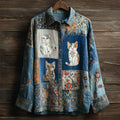 Comstylish Boho Cats & Floral Embroidery Women's Linen Long Sleeve Shirt