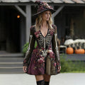 Comstylish Women's Retro Skeleton Flower Pattern V-neck Long Sleeve Midi Dress