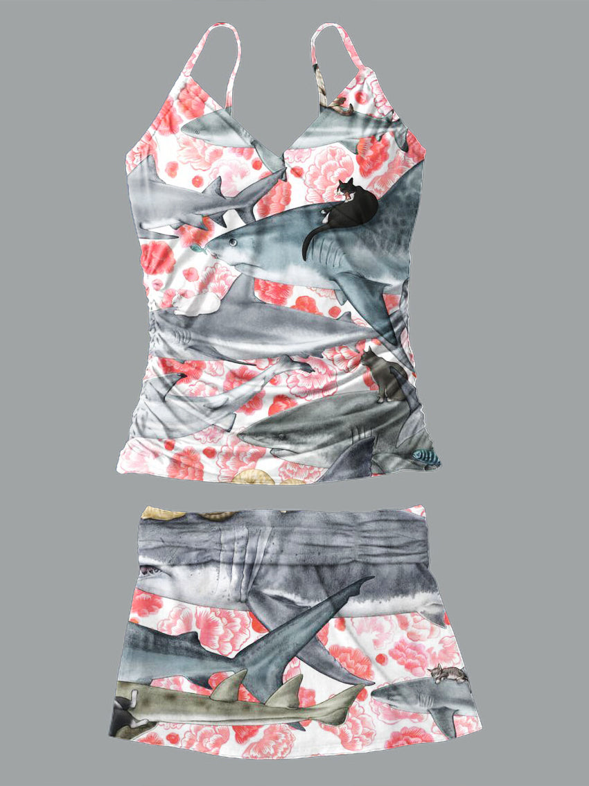 V-Neck Shark Art Print Suspender Skirt Tankini Pantskirt Set Swimsuit