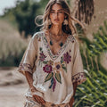 Women's Floral Embroidery V Neck Casual Linen Top artswardrobe