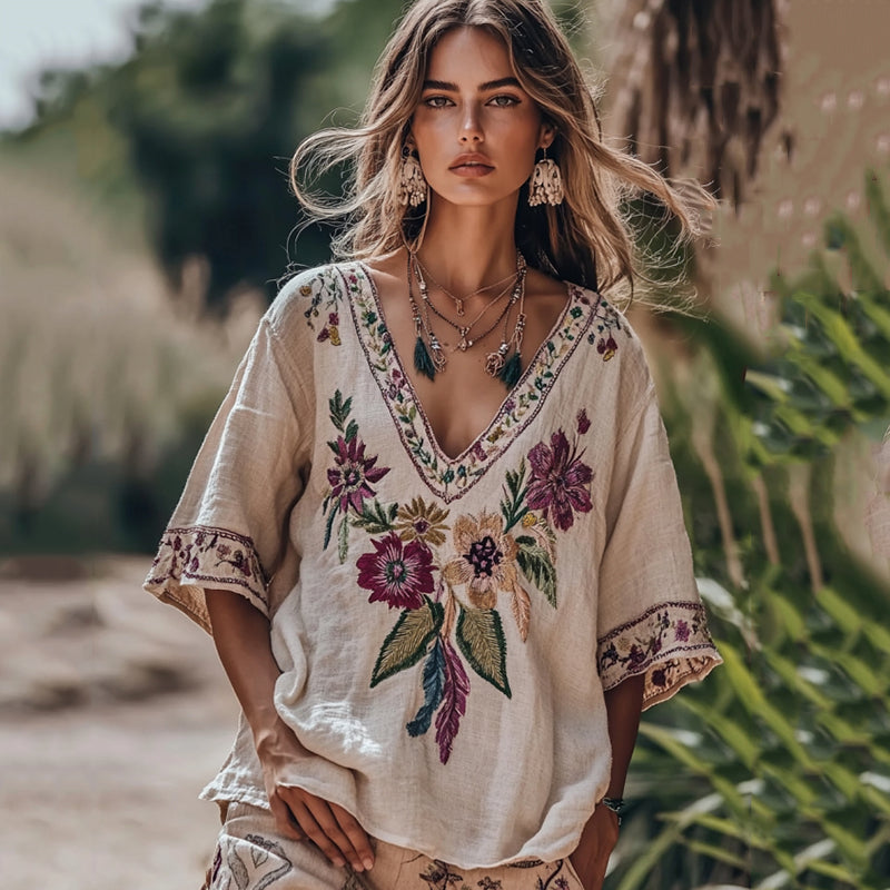 Women's Floral Embroidery V Neck Casual Linen Top artswardrobe