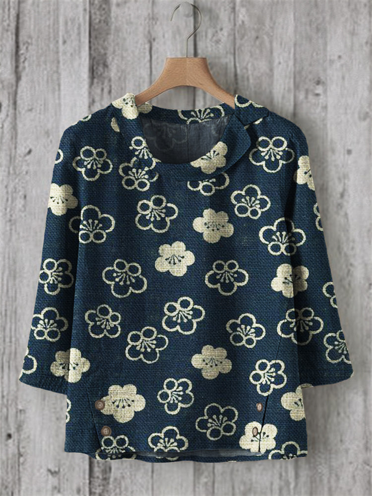 Comstylish Cherry Blossom Japanese Lino Pattern Linen Blend Tunic
