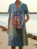 Women's Retro Ethnic Texture Art Pattern Print V-Neck Linen Pocket Dre