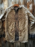Viking Inspired Tree Of Life Embroidered Contrast Color Linen Shirt artswardrobe