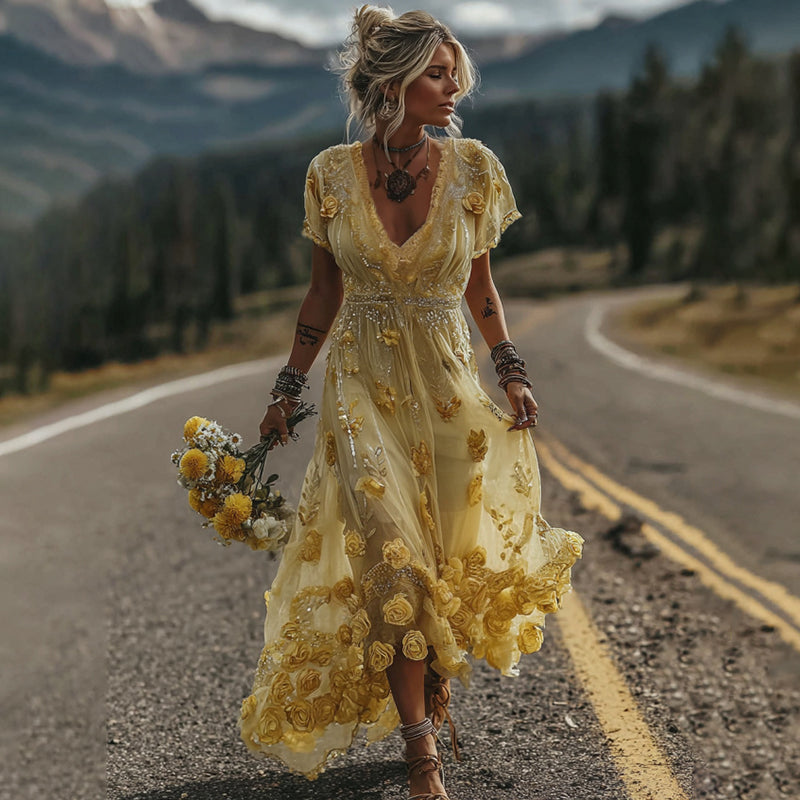 Comstylish Women's Vintage Yellow Roses And Floral Art Print V-neck Midi Dress