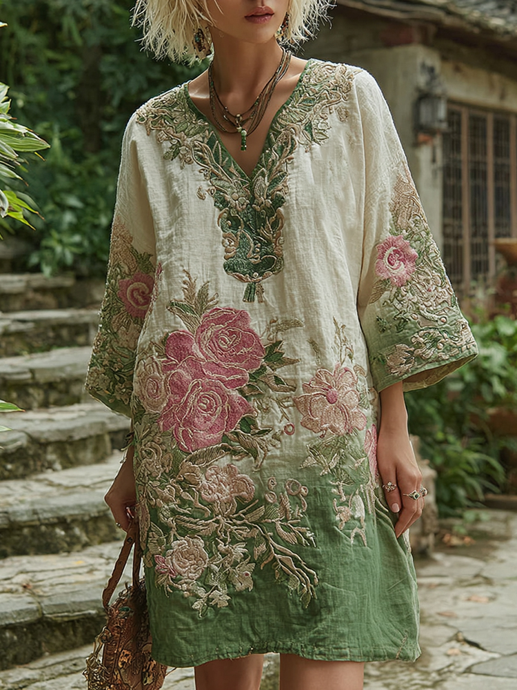 Love & Health Collection Classy Gradient Pink Roses Cancer Awareness Embroidered V Neck Long Sleeve Linen Dress artswardrobe
