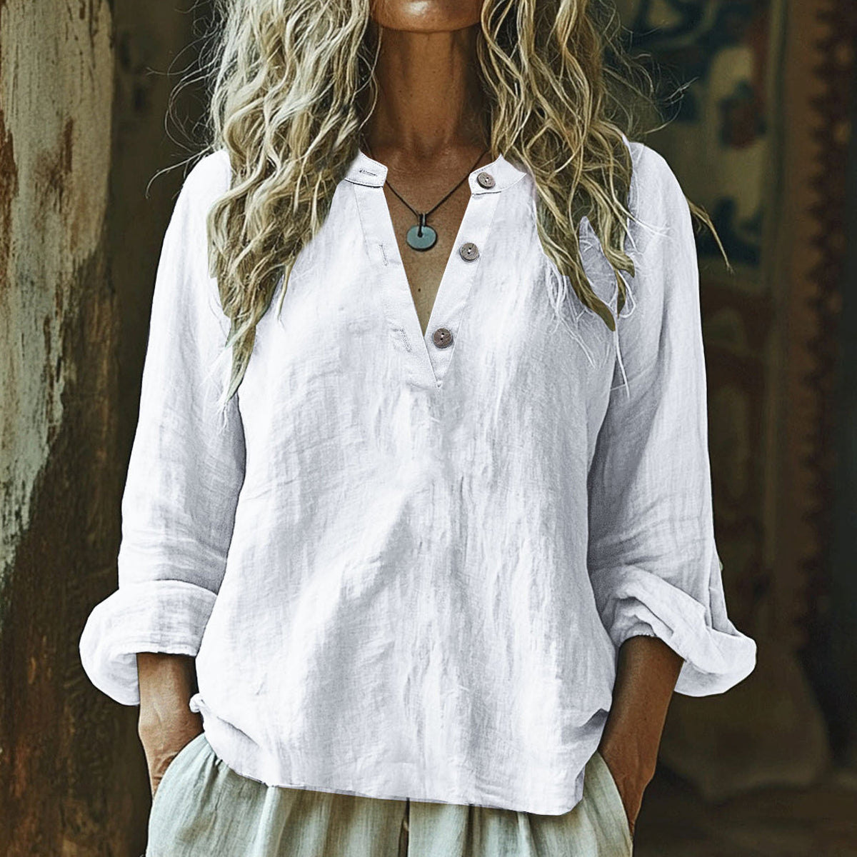Comstylish Vintage Elegant Art Linen Ruffle Shirt