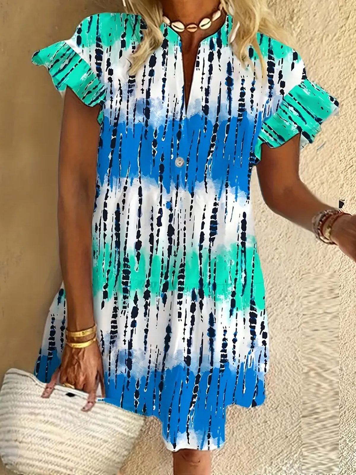 Teal Stripes Ruffled Short-sleeved V-neck Buttoned Dress Vacation Beach Dress