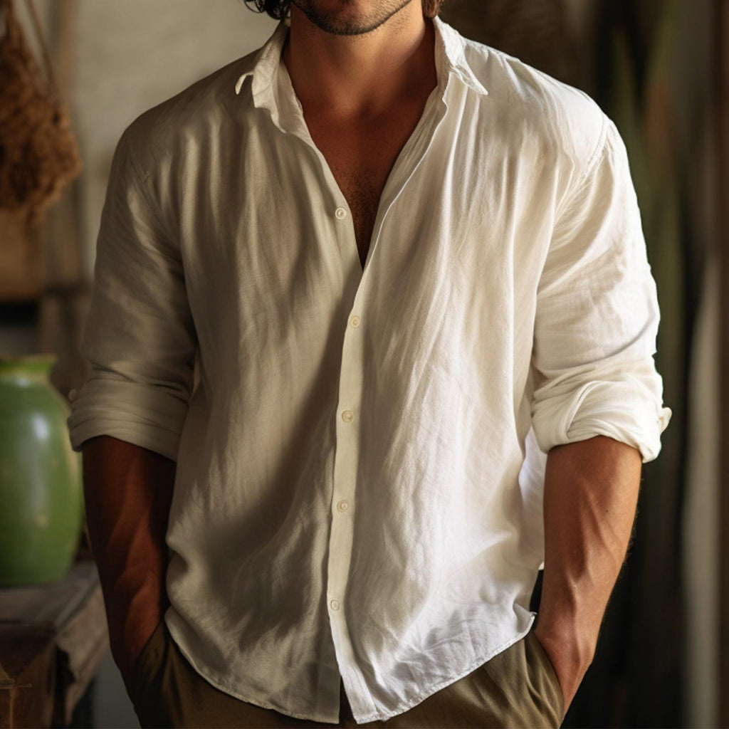 Men's Boho Solid Color Button Casual Linen Shirt artswardrobe