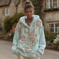 Comstylish Women's Vintage Bohemian Embroidered Flannel Hoodie