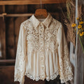 Comstylish Women's Retro Lace Floral Embroidery Art Lapel Shirt