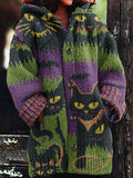 Comstylish Women's Halloween Spooky Cat Embroidery Knitted Cardigan Sweater