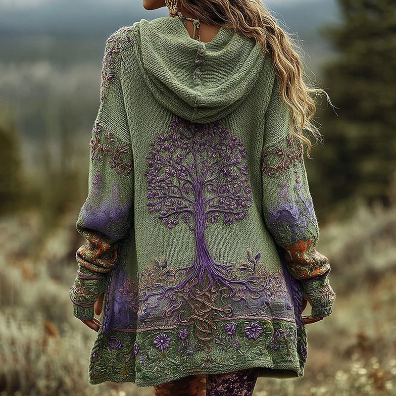 Comstylish Women's Vintage Viking Tree Of Life And Floral Pattern Knitted Cardigan Sweater