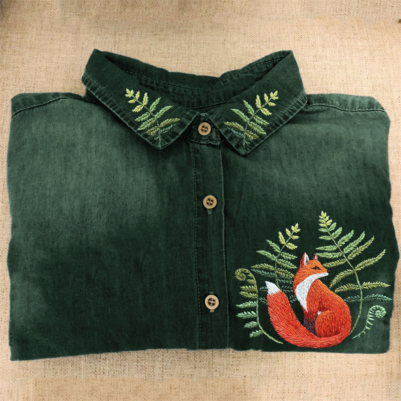Comstylish Forest Fox & Fern Embroidered Washed Denim Blouse