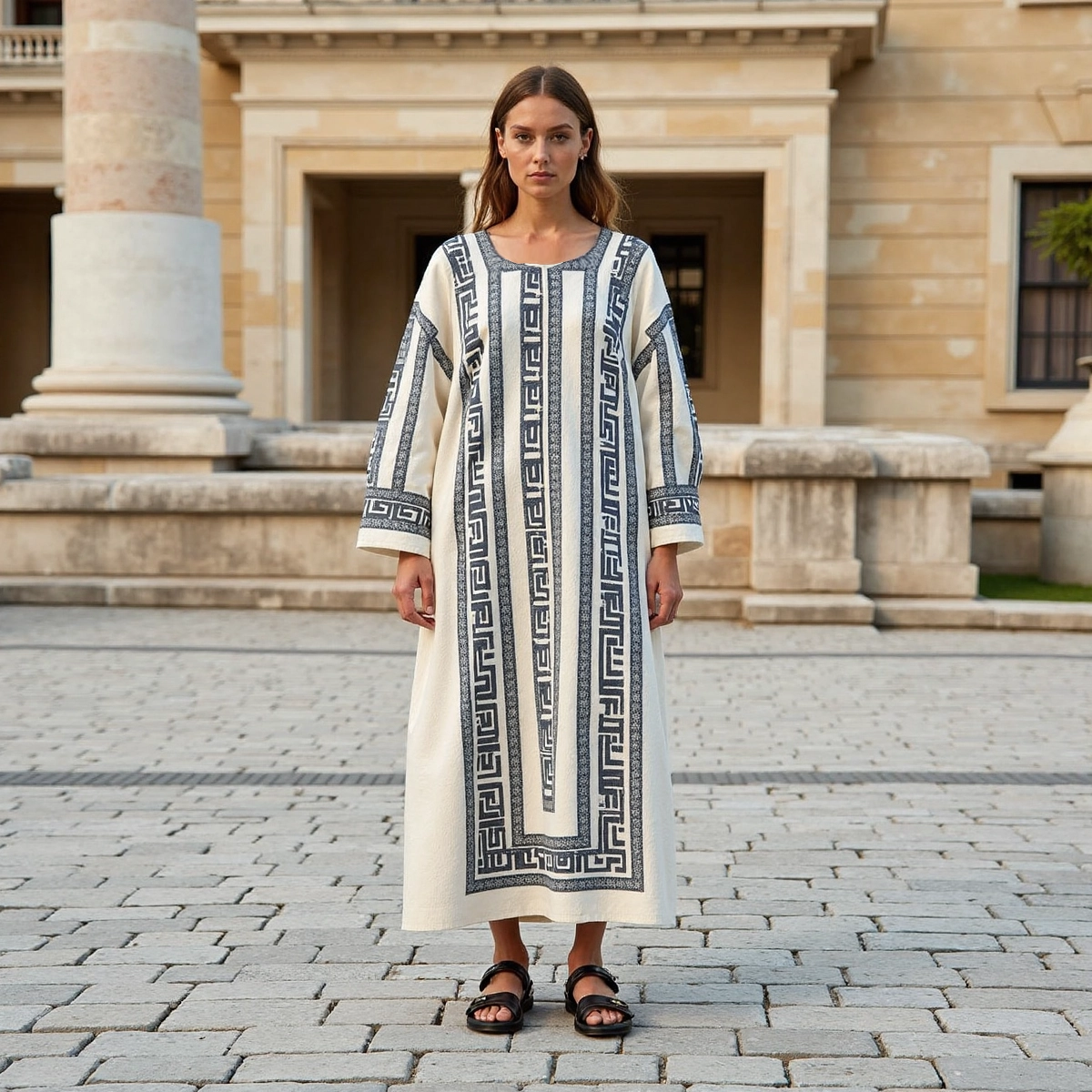 Vintage Greek Key Crew Neck Linen Mixi Dress artswardrobe