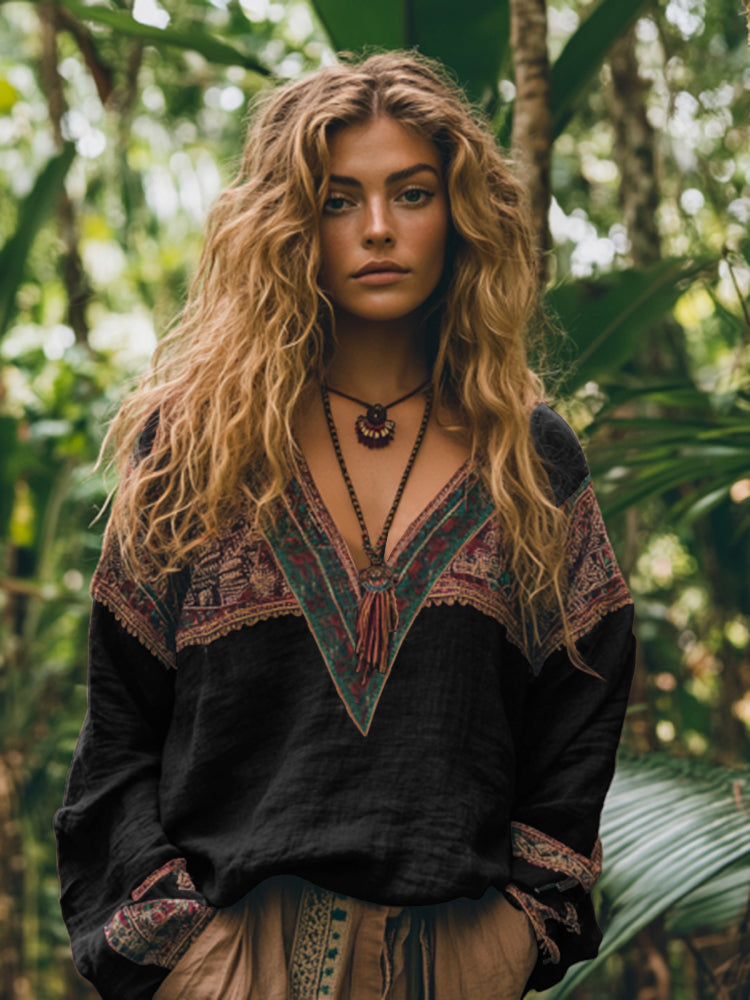 Comstylish Retro Boho Tribal Embroidery Print Cotton And Linen Blend Loose Blouse