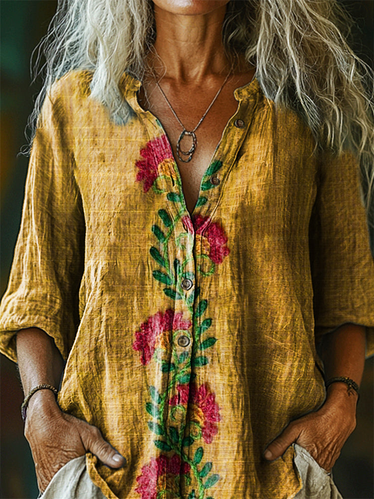 Women's Vintage Ethnic Floral Art Print Casual Cotton Linen Shirt