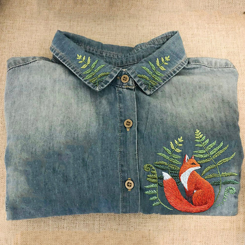 Comstylish Forest Fox & Fern Embroidered Washed Denim Blouse