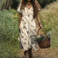 Vintage Floral Print V-neck Short Sleeved Dress artswardrobe
