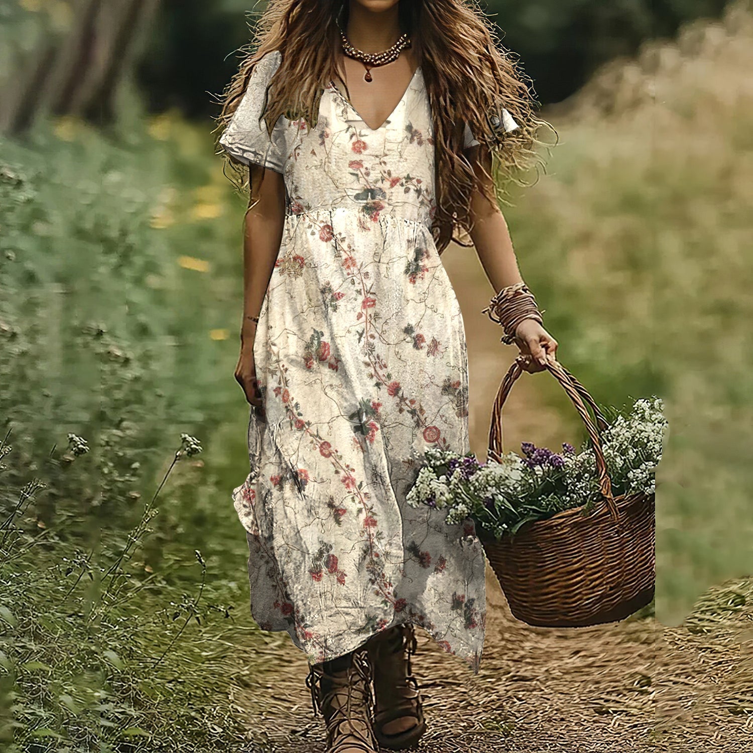 Vintage Floral Print V-neck Short Sleeved Dress artswardrobe