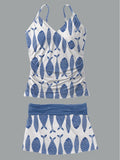 Women's Fish Print Suspender Shirred Swimsuit Set