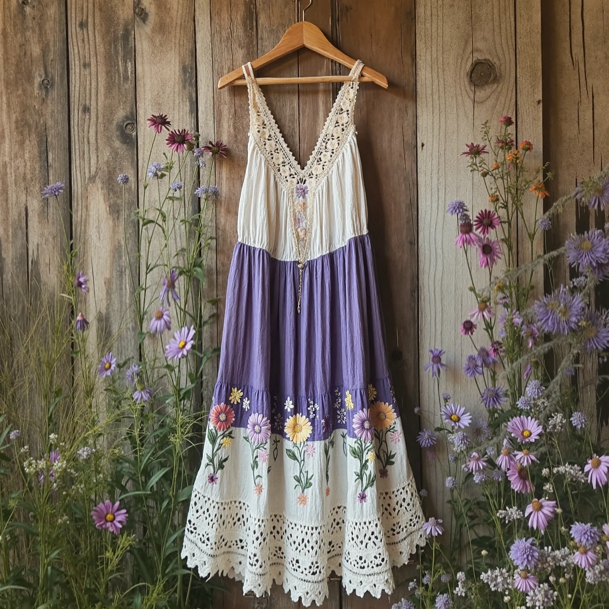 Vintage  Flowers Design Casual V Dress artswardrobe