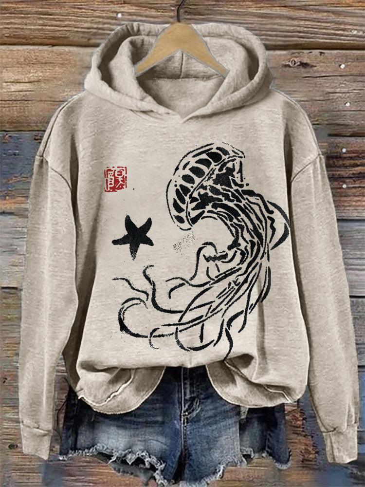 Comstylish Jellyfish & Starfish Japanese Lino Art Cozy Hoodie