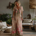 Women's Vintage Floral Embroidery Linen Blend V Neck Maxi Dress artswardrobe