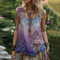 Vintage Classy Gradient Purple Blue Lavender And Floral Embroidered Pattern Linen Tank Top