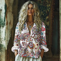 Retro Paisley Art Print Cotton And Linen V-neck Loose Shirt artswardrobe
