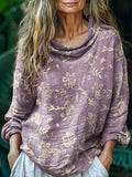 Women's Vintage Folk Flower Art Print Casual Stacked Lapel Long Sleeve
