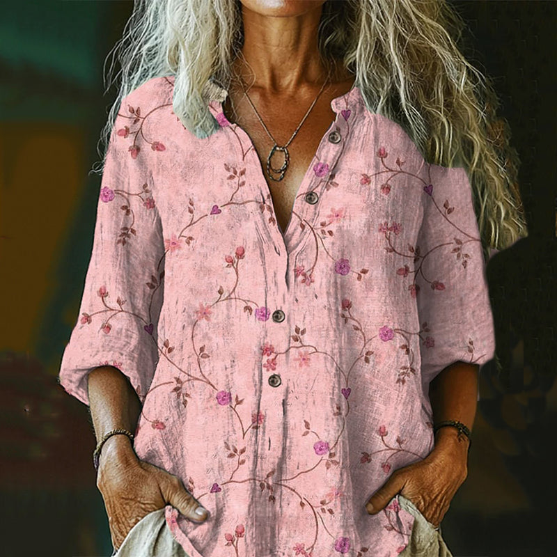 Women's Vintage Floral  Art Print Casual Cotton And Linen Shirt artswardrobe