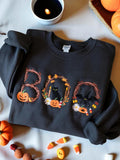 Women's Round Neck Halloween Black Cat Pumpkin Embroidery Loose Long Sleeve Top artswardrobe
