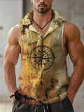 Men's Vintage Navigation Map Hooded Linen Vest artswardrobe