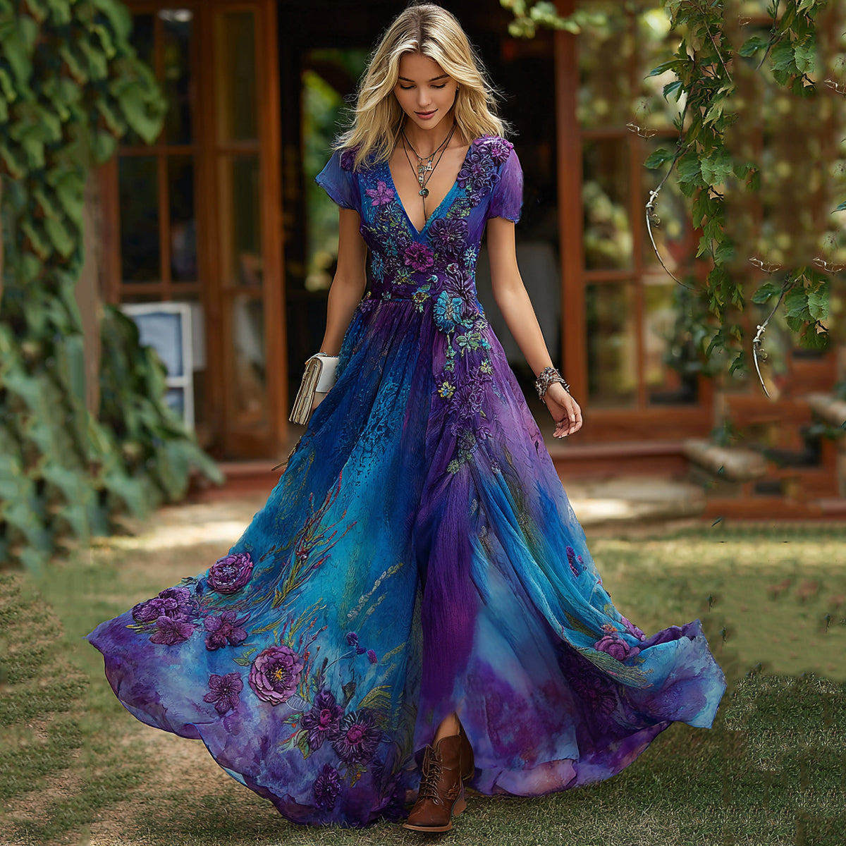 Vintage Purple And Blue Lavender Patchwork And Floral Embroidered Art Linen Maxi Dress artswardrobe