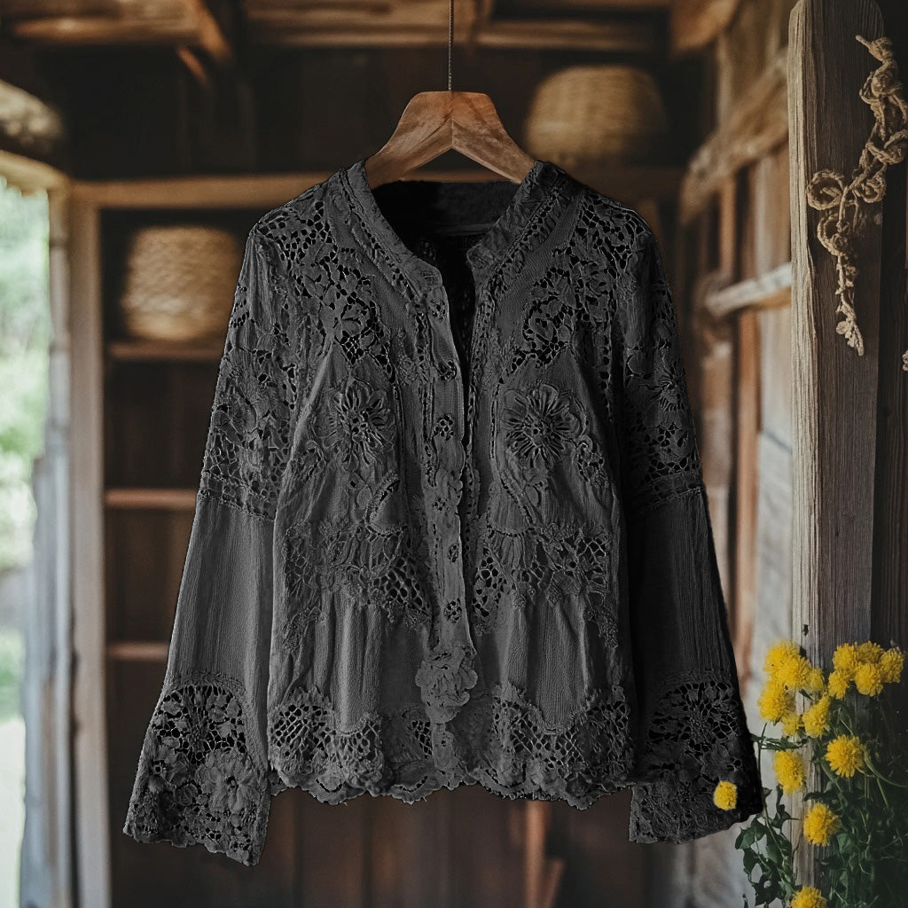 Comstylish Women's Retro Floral Lace Embroidery Art V-neck Shirt