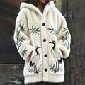 Comstylish Japanese Bamboo & Crane Embroidery Design Women's Hooded Flannel Cardigan