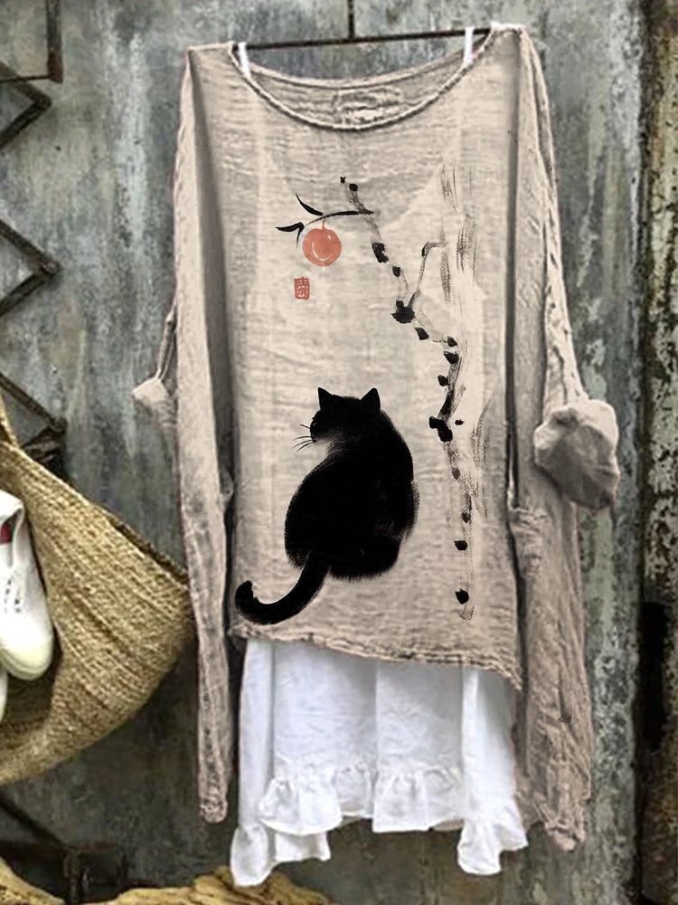 Vintage Cat Print Casual Cozy Cotton Linen Shirt elevenforest