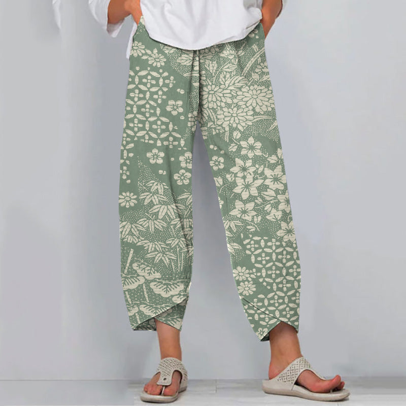 Comstylish Vintage Japanese Art Flower Print Casual Pants