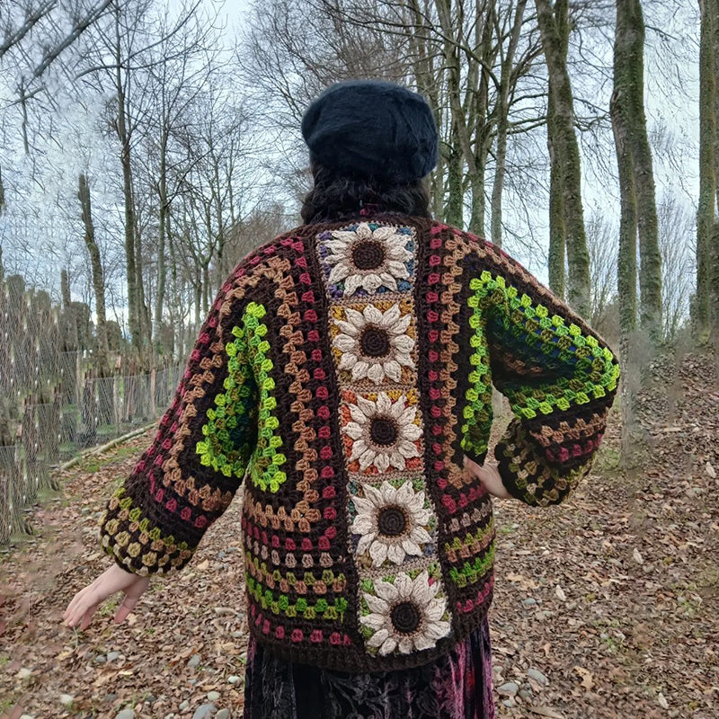 Comstylish Women's Colorful Floral Patchwork Art Cozy Knit Sweater Cardigan