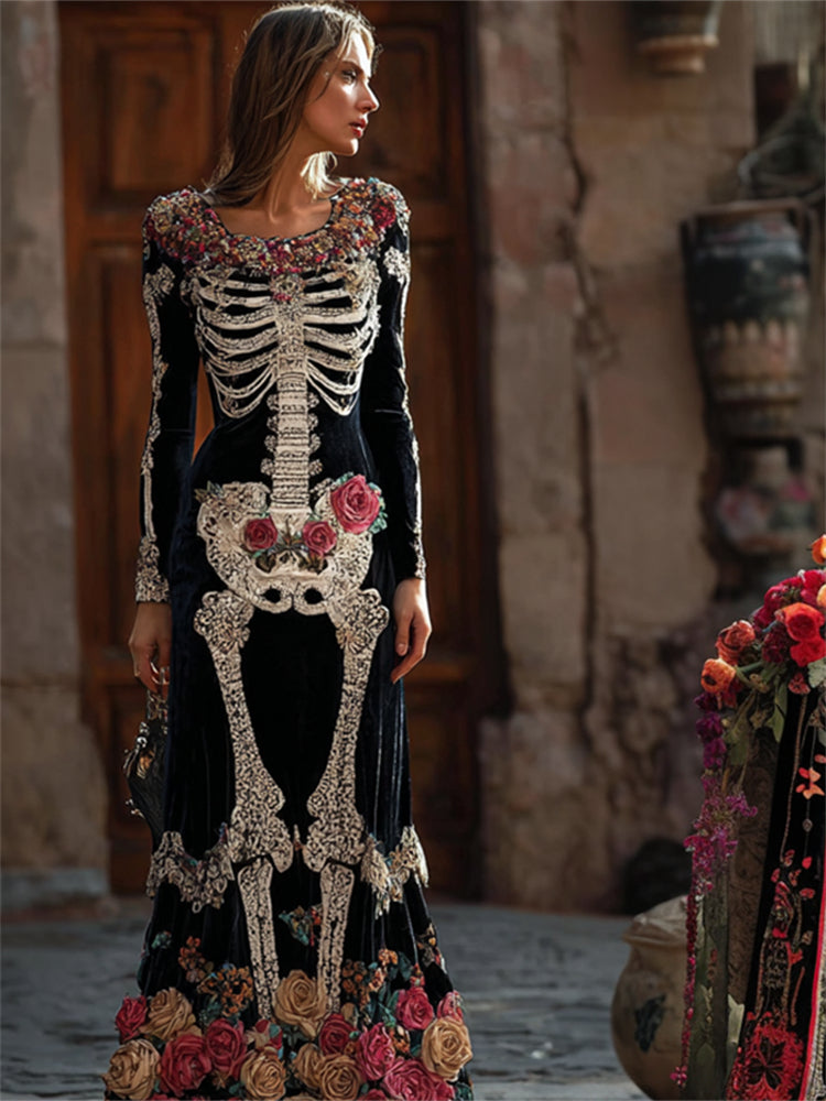 Comstylish Day Of The Dead Skeleton Roses Fiber Art Velvet Maxi Dress