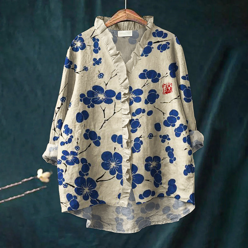 Comstylish Cherry Blossom Japanese Lino Art Ruffle Trim Linen Blouse