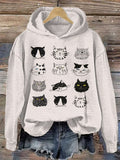 Funny Cat Faces Japanese Art Print Casual Hoodie elevenforest