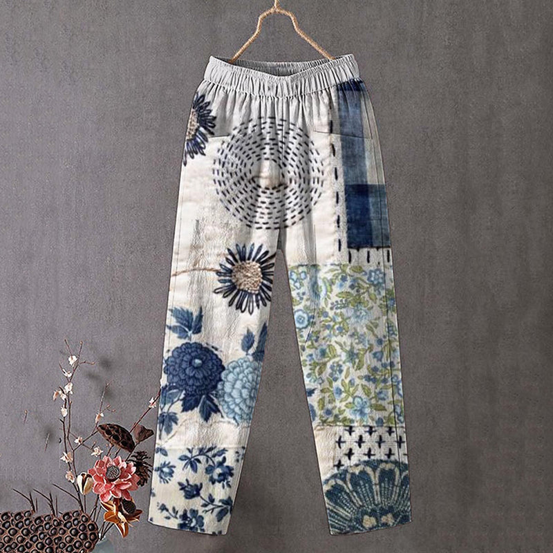 Comstylish Japanese Flower Art Print Linen Blend Pocket Pants
