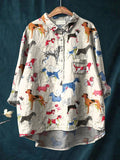 Women's Funny  Art Print Casual Cotton And Linen Shirt